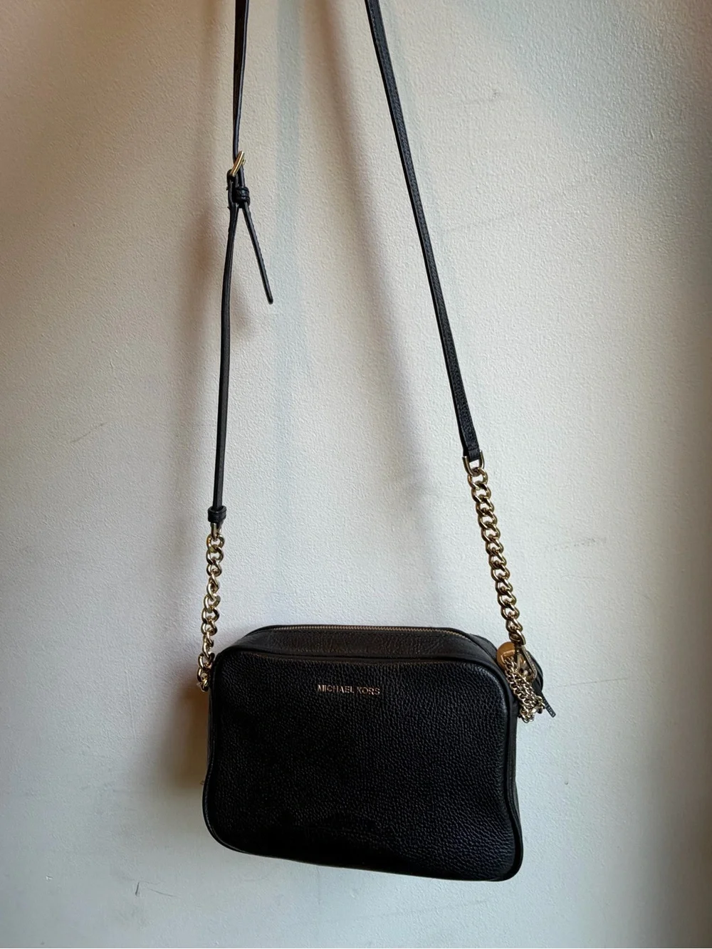 Michael Kors Black Pebbled Leather Camera Crossbody with Gold Hardware